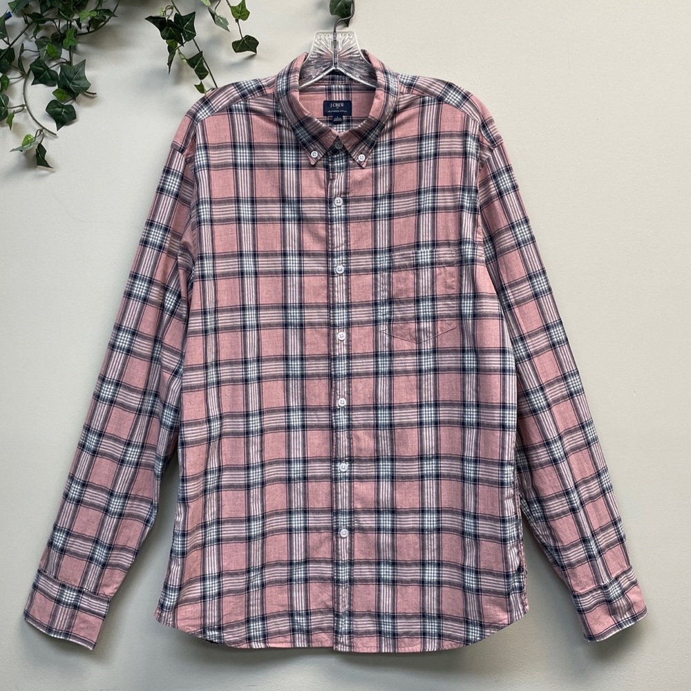 J.CREW // Pink+Navy Plaid Slim Fit Button Long Sleeve Poplin Shirt Mens Sz Lg